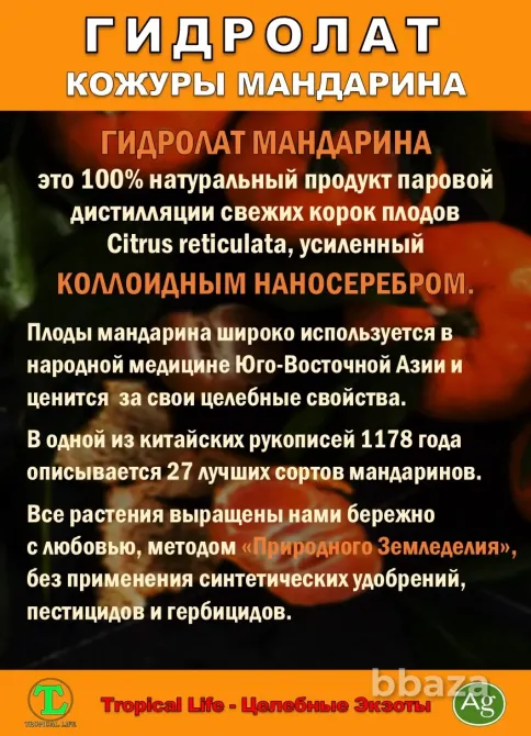 Гидролат кожуры мандарина. ProGynuru. С наносеребром. Сочи - изображение 3