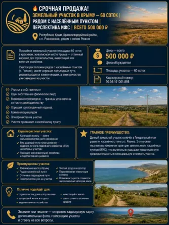 ЗЕМЕЛЬНЫЙ УЧАСТОК В КРЫМУ — 60 СОТОК | РЯДОМ С НАСЕЛЁННЫМ ПУНКТОМ | 500 т. Джанкой