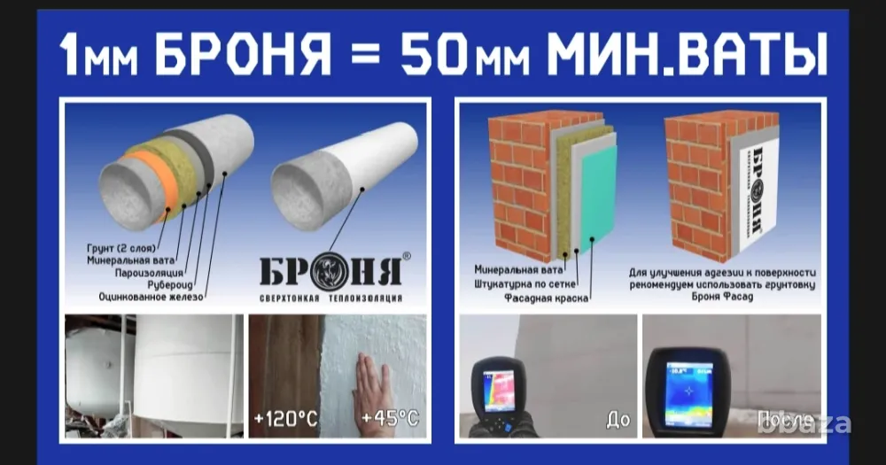 Сверхтонкая тепло-гидроизоляция Броня. 1мм-50мм мин. ваты. Оренбург - изображение 1